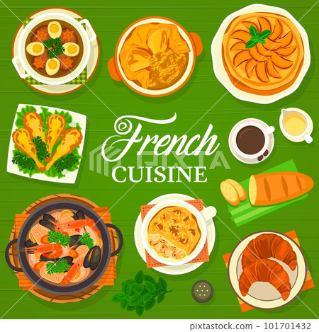 French cuisine menu cover for restaurant food meals, vector France traditional gourmet dishes. French cuisine food croissant and apple tart pastry dessert, national onion soup and frog legs baguette 101701432