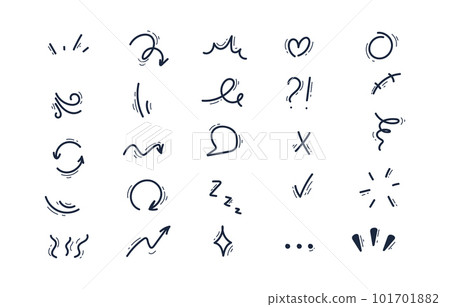 Set of hand-drawn cartoon expression sign doodle line stroke. Movement drawing effect, curve express directional arrows,character emotion symbols, emoticon effects design elements. 101701882