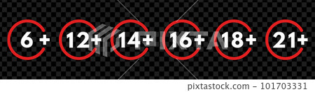 Age limit sign set. Adults content only age restriction 6,12, 14, 16, 18, 21 plus years old icon .Censure warning age plus. Vector isolated illustration 101703331