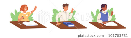 Boys and girls school student raising hand to answer. School and learning concept. Education process vector illustration set Boys and girls school student raising hand to answer. School and learning concept. Education process vector illustration set 101703781