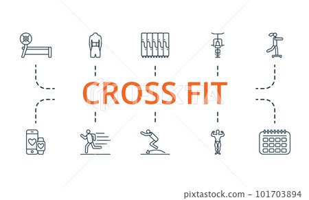 Cross fit outline set. Creative icons: trainer rod, lumbar belt, locker, gym station, fitness step, health tracking, running, jumping, bodybuilding, schedule. 101703894