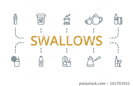 Swallows outline set. Creative icons: bottle of water, coffee to go, hand coffee grinder, tea, cola, lemonade, milk, juice, turks coffee, wine. Swallows outline set. Creative icons: bottle of water, coffee to go, hand coffee grinder, tea, cola, lemonade, milk, juice, turks coffee, wine. 101703932