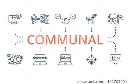 Communal outline set. Creative icons: story telling, content curation, engagement, ambassador, influencer, subscribers, rating, live streaming, target audience, followers. 101703994