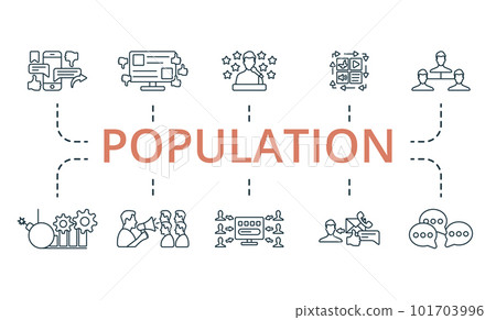 Population outline set. Creative icons: social media, blogging, reputation, content dymanizer, community connection, crisis management, public relations, sem, inbound, communication. 101703996