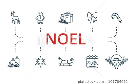 Noel outline set. Creative icons: elk, gingerbread man, christmas gift, festive bow, candy cane, candles, christmas star, sleigh, christmas day, merry christmas. Noel outline set. Creative icons: elk, gingerbread man, christmas gift, festive bow, candy cane, candles, christmas star, sleigh, christmas day, merry christmas. 101704011