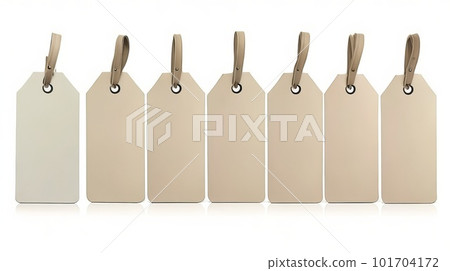 A collection of tasteful blank hangtags in various positions, each isolated on a white background. Generative AI. 101704172
