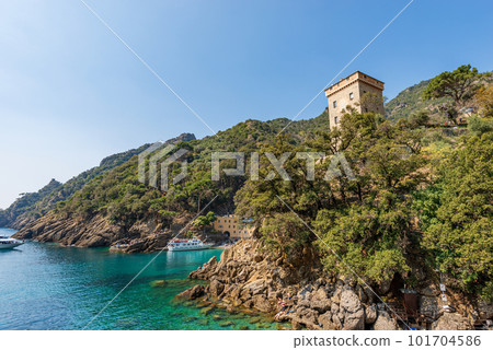 Ancient Andrea Doria Tower in San Fruttuoso Bay - Liguria Italy 101704586