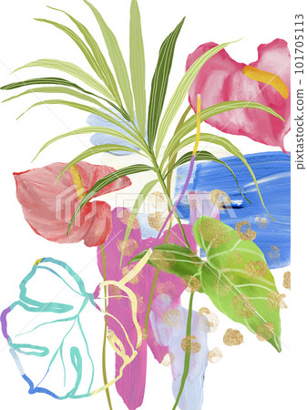 Acrylic tropical poster of anthurium, monstera, palms and plants. Hand painted floral card isolated on white background. Holiday flower Illustration for design, print, fabric or background. Acrylic tropical poster of anthurium, monstera, palms and plants. Hand painted floral card isolated on white background. Holiday flower Illustration for design, print, fabric or background. 101705113