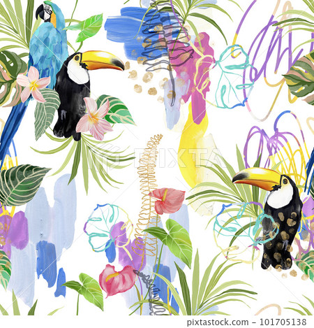 Acrylic tropical seamless pattern of plants , parrot and toucan. Hand drawn birds, monstera and plants. Floral illustration isolated on white background for design, print, fabric or background. Acrylic tropical seamless pattern of plants , parrot and toucan. Hand drawn birds, monstera and plants. Floral illustration isolated on white background for design, print, fabric or background. 101705138