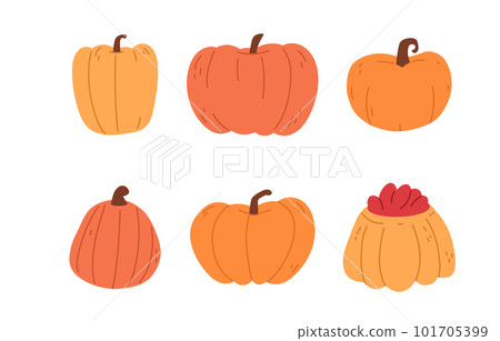 Set of pumpkins. Halloween pumpkin characters. Pumpkin for october holiday. Spooky autumn pumpkins. Flat vector illustration isolated on white background Set of pumpkins. Halloween pumpkin characters. Pumpkin for october holiday. Spooky autumn pumpkins. Flat vector illustration isolated on white background 101705399