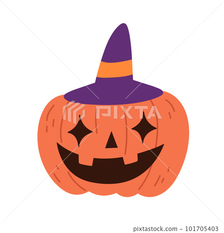 Jack-O-Lantern. Halloween pumpkin with witches hat. Scary Halloween pumpkin wearing a witch hat. Flat vector illustration isolated on white background Jack-O-Lantern. Halloween pumpkin with witches hat. Scary Halloween pumpkin wearing a witch hat. Flat vector illustration isolated on white background 101705403