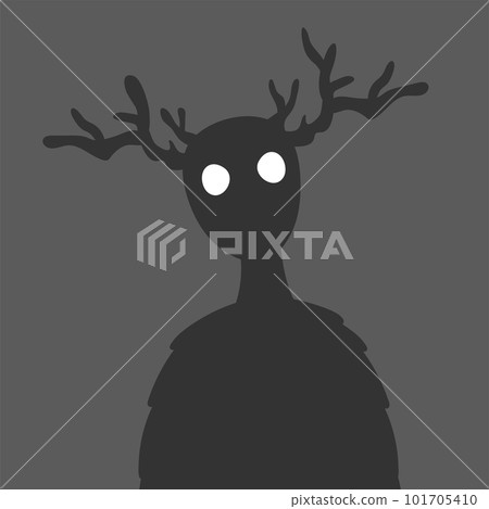 Forest monster with horns. Halloween monster silhouette with horns. Glowing eyes. Flat vector illustration isolated on white background 101705410