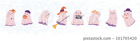 Happy Halloween banner or party invitation with cute ghosts in different costumes. Kawaii spooky character for children. Flat vector illustration. 101705420