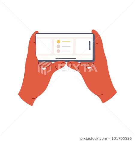 Hand holding phone with task tracking app. Using smartphone screen with application for to-do list. Flat vector illustration isolated on white background Hand holding phone with task tracking app. Using smartphone screen with application for to-do list. Flat vector illustration isolated on white background 101705526