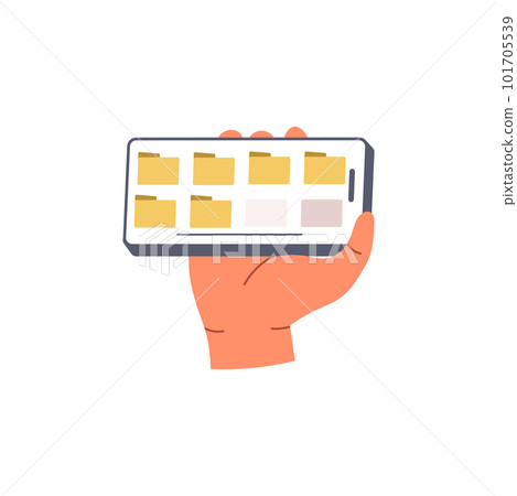 Hand holding phone and sorts documents into folders. Flat vector illustration isolated on black background 101705539