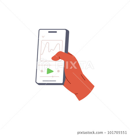Hand holding phone with app for listen to music and podcasts . Using smartphone screen with application for music. Music app mobile. Flat vector illustration isolated on white background 101705551