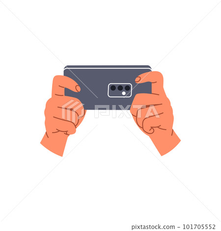 Hands holding mobile. Human with phone in hand take a picture or gaming. Flat vector illustration isolated on white background 101705552