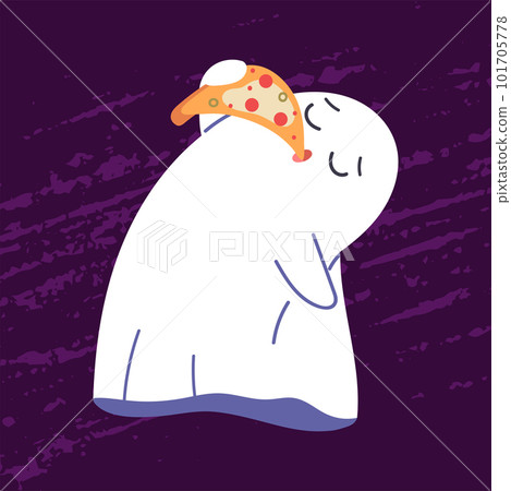 Sweet Halloween ghost eat pizza. Funny spooky phantom eat. Spirit in sheet for October holiday. Kawaii childish spooky phantom. Flat vector illustration 101705778