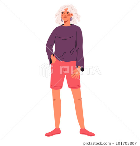 Woman wearing casual sports clothes. Sporty summer look with sneakers. Female in modern loose apparel. Flat vector illustration Woman wearing casual sports clothes. Sporty summer look with sneakers. Female in modern loose apparel. Flat vector illustration 101705807