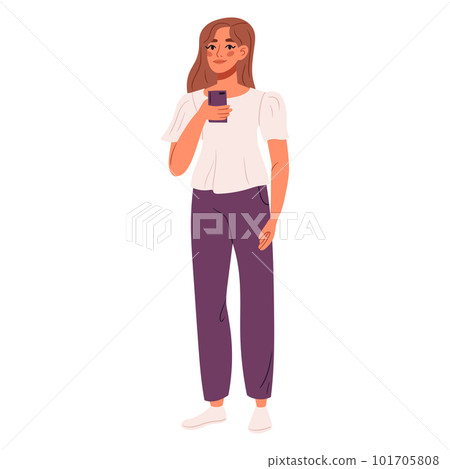 Modern fashion person standing and calling by smartphone. Woman wearing modern casual summer apparel. Female in trendy autumn apparel. Modern fashion person standing and calling by smartphone. Woman wearing modern casual summer apparel. Female in trendy autumn apparel. 101705808