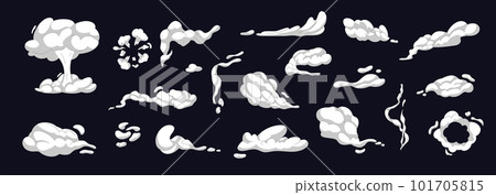 Smoke and dust cloud set. Cartoon smoke clouds. Exploding effect frames set. Collection of isolated icons of air trail, dust, explosion. Smoke explosion sprite elements isolated on black background 101705815