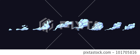 Smoke cloud animation. Cartoon motion explosions. Comic clouds, steaming smoke flows, air trail, dust, explosion, smog, bang, boom, sprite and bubble. Isolated vector illustration 101705816