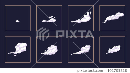 Explode effect animation with smoke. Exploding, blasting, bursting element from fume, gas, ash. Cartoon explosion animated shot, explode clouds frames. Movement puff effect 101705818