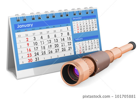 Pirate Spyglass with desk calendar, 3D rendering Pirate Spyglass with desk calendar, 3D rendering 101705881