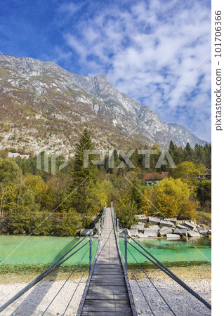 Rope bridge on the river Soca, Triglavski national park, Slovenia 101706366