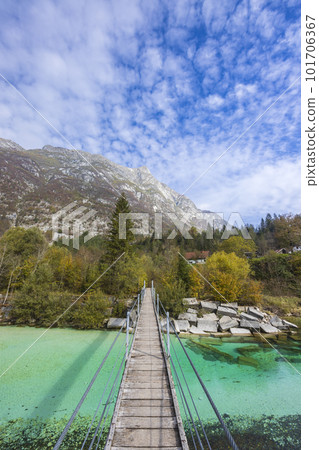 Rope bridge on the river Soca, Triglavski national park, Slovenia 101706367