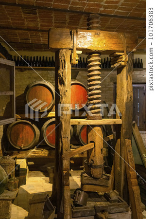 Traditional winemaking equipment in Castello di Razzano, Piedmont, Italy Traditional winemaking equipment in Castello di Razzano, Piedmont, Italy 101706383