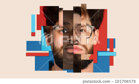 Male face made from different portrait of men of diverse age and race. Combination of faces. Contemporary artwork. Modern design. Male face made from different portrait of men of diverse age and race. Combination of faces. Contemporary artwork. Modern design. 101706578