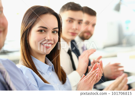 Business smiling people hands applauding at conference 101706815