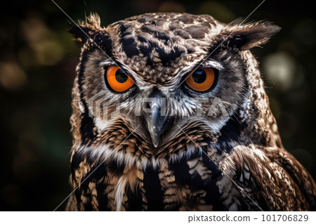 A feathered masterpiece of nature, the owl, perched on the forest floor, showing off its incredible avifauna features. A true sight to see. AI Generative 101706829