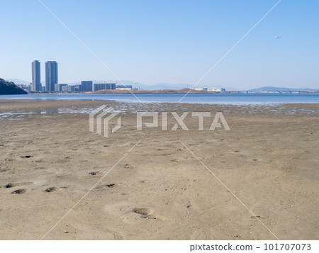 和代郎灘塗(博多灣後面的灘塗)和藍天。福岡市東區。 和代郎灘塗(博多灣後面的灘塗)和藍天。福岡市東區。 101707073