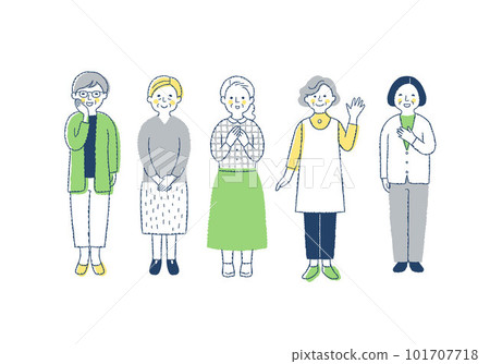 Five smiling senior women Whole body Five smiling senior women Whole body 101707718