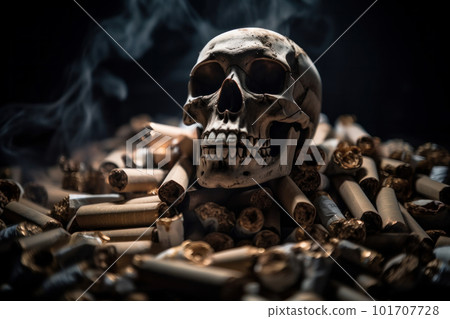 A human skull surrounded by cigarette smoke, symbolizing the health risks and dangers associated with tobacco use. Medical and health concept. AI Generative No Tobacco Day A human skull surrounded by cigarette smoke, symbolizing the health risks and dangers associated with tobacco use. Medical and health concept. AI Generative No Tobacco Day 101707728