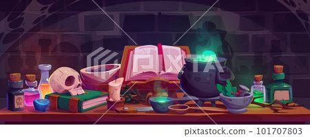 Alchemist table in witch house, laboratory room 101707803