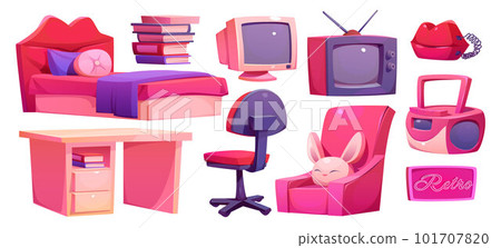 Y2k girl bedroom furniture cartoon vector set Y2k girl bedroom furniture cartoon vector set 101707820
