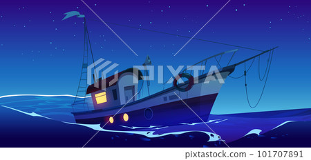 Fishing boat in sea or ocean at night - Stock Illustration [101707891 ...