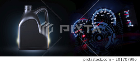 Bottle of engine oil with Speedometer black background. Energy fuel concept 101707996