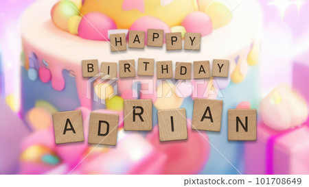 Happy Birthday Adrian card with wooden tiles text. Boys birthday card with colorful background. 101708649
