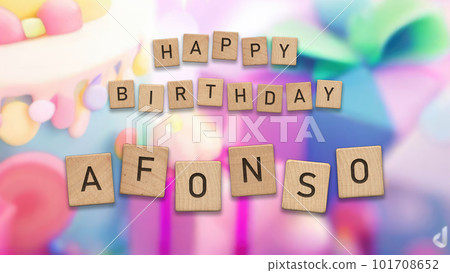Happy Birthday Afonso card with wooden tiles text. Boys birthday card with colorful background. 101708652