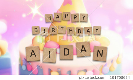 Happy Birthday Aidan card with wooden tiles text. Boys birthday card with colorful background. 101708654