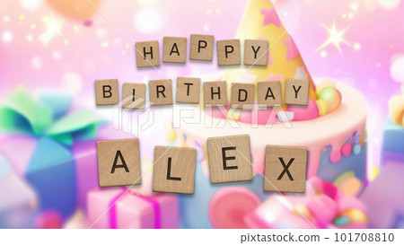 Happy Birthday Alex card with wooden tiles text. Boys birthday card with colorful background. Happy Birthday Alex card with wooden tiles text. Boys birthday card with colorful background. 101708810