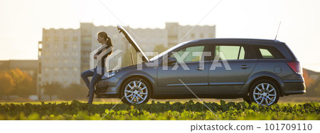Young attractive woman at car with open hood in green meadow on blurred apartment building and clear bright sky copy space background. Transportation, vehicles problems and breakdowns concept. 101709110