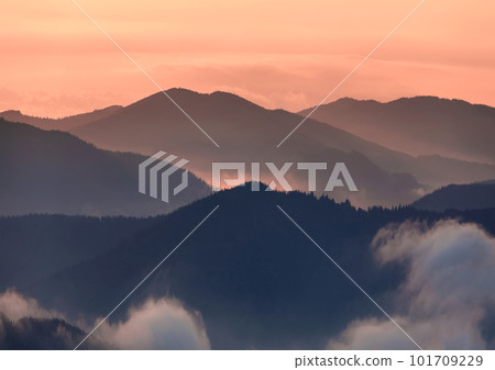 Wide panorama, fantastic view of covered with morning mist green Carpathian mountains at sunset on bright clear orange sky copy space background. Beauty of nature, tourism and traveling concept. 101709229
