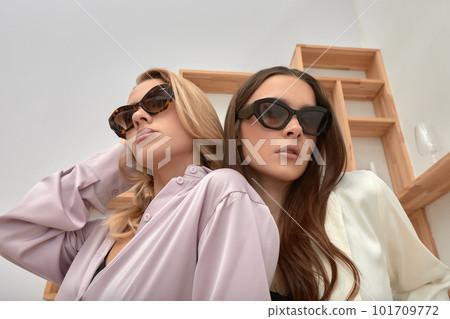 Two beautiful fashion girls in glasses and modern clothes, posing with glasses at the camera, image of stylish young girls in glasses 101709772