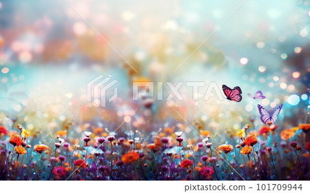 Wild flowers of clover and butterfly in a meadow in nature in the rays of sunlight in summer in the spring close-up of a macro. A picturesque colorful artistic image with a soft focus bokeh background Wild flowers of clover and butterfly in a meadow in nature in the rays of sunlight in summer in the spring close-up of a macro. A picturesque colorful artistic image with a soft focus bokeh background 101709944