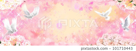 Lucky, a white dove, a symbol of peace, flies away from a rose garden. Wide size pink background illustration 101710443